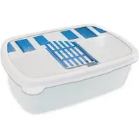 MuchoWow Broodtrommel Wit - Lunchbox - Brooddoos - Architectuur - Hek - Wit - Blauw - Deuren - 18x12x6 cm - Volwassenen