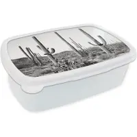 MuchoWow Broodtrommel Wit - Lunchbox - Brooddoos - Cactussen - Zwart wit - Natuur - Landschap - 18x12x6 cm - Volwassenen