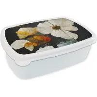MuchoWow Broodtrommel Wit - Lunchbox - Brooddoos - Bloemen - Planten - Zwart - Wit - 18x12x6 cm - Volwassenen