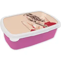 MuchoWow Broodtrommel Roze - Lunchbox - Brooddoos - Vrouw - Portret - Pastel - Rood - 18x12x6 cm - Kinderen - Meisje