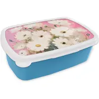 MuchoWow Broodtrommel Blauw - Lunchbox - Brooddoos - Bloemen - Vaas - Planten - Wit - 18x12x6 cm - Kinderen - Jongen