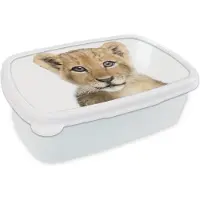 MuchoWow Broodtrommel Wit - Lunchbox - Brooddoos - Leeuw - Dieren - Natuur - Wit - 18x12x6 cm - Volwassenen