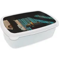 MuchoWow Broodtrommel Wit - Lunchbox - Brooddoos - Deur - Blauw - Architectuur - Vaas - 18x12x6 cm - Volwassenen