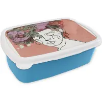 MuchoWow Broodtrommel Blauw - Lunchbox - Brooddoos - Portret - Vrouw - Bloemen - Pastel - 18x12x6 cm - Kinderen - Jongen