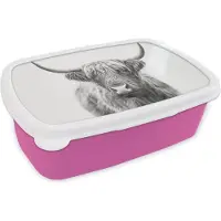 MuchoWow Broodtrommel Roze - Lunchbox - Brooddoos - Schotse hooglander - Dieren - Hoorns - Zwart wit - 18x12x6 cm - Kinderen - Meisje