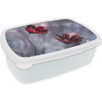 MuchoWow Broodtrommel Wit - Lunchbox - Brooddoos - Bloemen - Rood - Planten - Natuur - 18x12x6 cm - Volwassenen