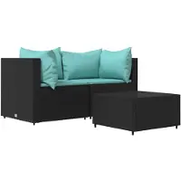vidaXL 3-delige Loungeset met kussens poly rattan zwart