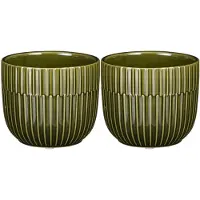 Mica Decorations 2x Stuks Plantenpot/bloempot keramiek glans donkergroen stripes patroon - D11/H9 cm - Plantenpotten