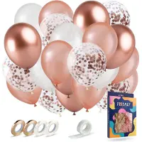 Fissaly 40 stuks Rose Goud, Wit & Chrome Helium Ballonnen met Lint – Verjaardag Versiering Decoratie – Papieren Confetti – Latex