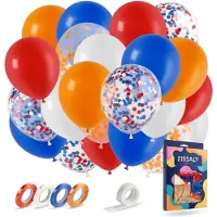Fissaly 40 stuks Rood, Wit, Blauw & Oranje Helium Ballonnen met Lint – Voetbal - Verjaardag Versiering Decoratie – Papieren Confetti – Latex - WK Voetbal