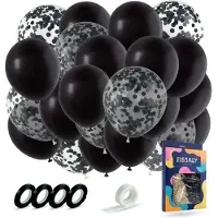 Fissaly 40 stuks Zwarte Ballonnen met Lint – Verjaardag Versiering Decoratie – Papieren Confetti – Helium - Latex