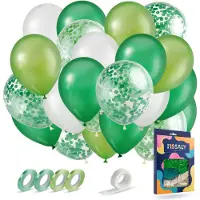 Fissaly 40 stuks Groen, Wit & Donkergroen Helium Ballonnen met Lint – Verjaardag Versiering Decoratie – Papieren Confetti – Latex