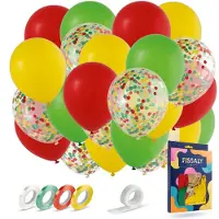 Fissaly 40 Stuks Rood, Geel & Groen Carnaval Helium Ballonnen met Lint – Versiering Decoratie – Papieren Confetti - Latex