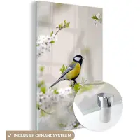 MuchoWow - Glasschilderij - Foto op glas - Acrylglas - Vogel - Koolmees - Bloemen - Bloesemboom - Wit - Wanddecoratie - 120x180 cm - Glasschilderij bloemen - Muurdecoratie