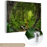 MuchoWow - Glasschilderij - Schilderij glas - Jungle - Rivier - Boom - Groen - Stenen - Foto op glas - Acrylglas - Schilderijen woonkamer - 90x60 cm - Wanddecoratie - Muurdecoratie