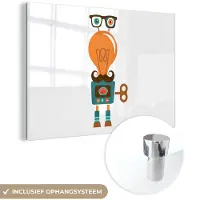 MuchoWow Glasschilderij 120x80 cm - Schilderij acrylglas - Robot - Bril - Gloeilamp - Snor - Kinderen - Jongens - Foto op glas - Schilderijen