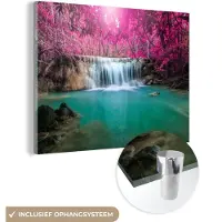 MuchoWow - Glasschilderij - Acrylplaat - Waterval - Boom - Roze - Acrylglas - Foto op glas - Glasschilderij waterval - 120x90 cm - Wanddecoratie - Muurdecoratie