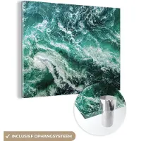 MuchoWow Glasschilderij 160x120 cm - Schilderij acrylglas - Oceaan - Water - Zee - Luxe - Groen - Turquoise - Foto op glas - Schilderijen
