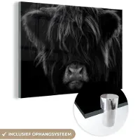 MuchoWow Glasschilderij 180x120 cm - Schilderij acrylglas - Schotse Hooglander - Koe - Zwart - Wit - Portret - Foto op glas - Schilderijen