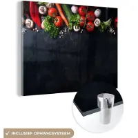 MuchoWow Glasschilderij 160x120 cm - Schilderij acrylglas - Groente - Kruiden - Specerijen - Zwart - Rustiek - Keuken - Foto op glas - Schilderijen