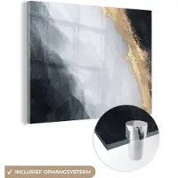 MuchoWow Glasschilderij 160x120 cm - Schilderij acrylglas - Abstract - Verf - Goud - Zwart - Marmer - Foto op glas - Muurdecoratie woonkamer - Wanddecoratie slaapkamer - Schilderijen