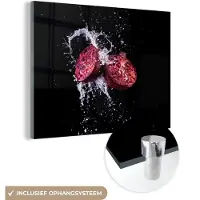 MuchoWow Glasschilderij 160x120 cm - Schilderij acrylglas - Granaatappel - Fruit - Water - Zwart - Paars - Foto op glas - Schilderijen
