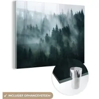 MuchoWow Glasschilderij 160x120 cm - Schilderij acrylglas - Mist - Bomen - Bos - Foto op glas - Schilderijen
