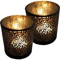 Mars & More Waxinelichthouder - Set van 3x stuks - zwart - glas - jaguar print - 12 cm - Windlichtjes/kaarsenhouders