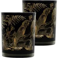 Mars & More Set van 3x stuks theelichthouder/waxinelichthouder glas zwart 12 cm papegaai print - Windlichtjes/kaarsenhouders