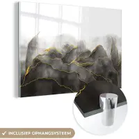 MuchoWow Glasschilderij 180x120 cm - Schilderij acrylglas - Marmer - Zwart - Goud - Luxe - Marmerlook - Foto op glas - Schilderijen