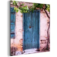 MuchoWow Wanddecoratie Metaal - Aluminium Schilderij Industrieel - Vintage - Deur - Huis - Blauw - Boom - 50x50 cm - Dibond - Foto op aluminium - Industriële muurdecoratie - Voor de woonkamer/slaapkamer