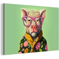 MuchoWow Wanddecoratie Metaal - Aluminium Schilderij Industrieel - Bril - Roze - Varken - Bloemen - Dier - 30x20 cm - Dibond - Foto op aluminium - Industriële muurdecoratie - Voor de woonkamer/slaapkamer