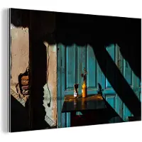MuchoWow Wanddecoratie Metaal - Aluminium Schilderij Industrieel - Deur - Blauw - Architectuur - Vaas - 60x40 cm - Dibond - Foto op aluminium - Industriële muurdecoratie - Voor de woonkamer/slaapkamer