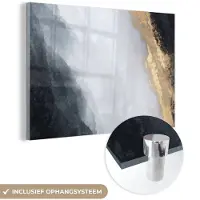 MuchoWow Glasschilderij 30x20 cm - Schilderij acrylglas - Abstract - Verf - Goud - Zwart - Marmer - Foto op glas - Muurdecoratie woonkamer - Wanddecoratie slaapkamer - Schilderijen