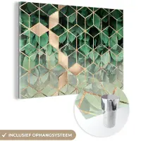 MuchoWow Glasschilderij 60x40 cm - Schilderij acrylglas - Bladeren - Goud - Patronen - Kubus - Luxe - Foto op glas - Schilderijen