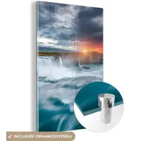 MuchoWow Glasschilderij - Schilderij natuur - Berg - Landschap - Waterval - Zonsondergang - Glazen schilderij - Foto op glas - Wanddecoratie - Acrylglas - 20x30 cm - Muurdecoratie