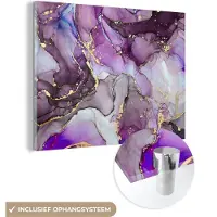 MuchoWow Glasschilderij 80x60 cm - Schilderij acrylglas - Marmer - Roze - Paars - Gold - Foto op glas - Schilderijen