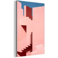 MuchoWow Wanddecoratie Metaal - Aluminium Schilderij Industrieel - Roze - Architectuur - Trappen - Pastel - 20x30 cm - Dibond - Foto op aluminium - Industriële muurdecoratie - Voor de woonkamer/slaapkamer