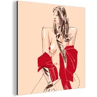 MuchoWow Wanddecoratie Metaal - Aluminium Schilderij Industrieel - Vrouw - Portret - Pastel - Rood - 90x90 cm - Dibond - Foto op aluminium - Industriële muurdecoratie - Voor de woonkamer/slaapkamer