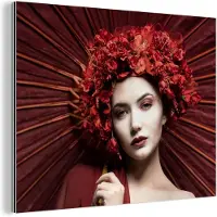 MuchoWow Wanddecoratie Metaal - Aluminium Schilderij Industrieel - Vrouw - Rood - Portret - Paraplu - 40x30 cm - Dibond - Foto op aluminium - Industriële muurdecoratie - Voor de woonkamer/slaapkamer