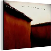 MuchoWow Wanddecoratie Metaal - Aluminium Schilderij Industrieel - Dieren - Vogels - Huizen - Rood - 80x60 cm - Dibond - Foto op aluminium - Industriële muurdecoratie - Voor de woonkamer/slaapkamer
