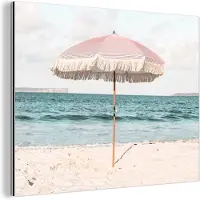 MuchoWow Wanddecoratie Metaal - Aluminium Schilderij Industrieel - Parasol - Strand - Zee - Wolken - 160x120 cm - Dibond - Foto op aluminium - Industriële muurdecoratie - Voor de woonkamer/slaapkamer