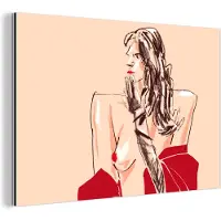 MuchoWow Wanddecoratie Metaal - Aluminium Schilderij Industrieel - Vrouw - Portret - Pastel - Rood - 120x80 cm - Dibond - Foto op aluminium - Industriële muurdecoratie - Voor de woonkamer/slaapkamer
