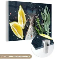 MuchoWow Glasschilderij 180x120 cm - Schilderij acrylglas - Vis - Citroen - Kruiden - Foto op glas - Schilderijen