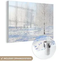 MuchoWow Glasschilderij 180x120 cm - Schilderij acrylglas - Sneeuw - Bomen - Winter - Foto op glas - Schilderijen