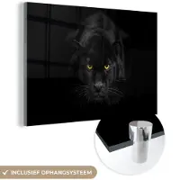 MuchoWow Glasschilderij 180x120 cm - Schilderij acrylglas - Luipaard - Ogen - Zwart - Foto op glas - Schilderijen