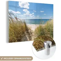 MuchoWow Glasschilderij - Foto op glas - Zee - Natuur - Strand - Helmgras - Schilderijen woonkamer - 180x120 cm - Acrylglas - Wanddecoratie - Schilderij glas - Acrylplaat