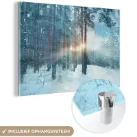 MuchoWow Glasschilderij 180x120 cm - Schilderij acrylglas - Winter - Zon - Sneeuw - Bos - Foto op glas - Schilderijen