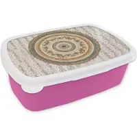 MuchoWow Broodtrommel Roze - Lunchbox - Brooddoos - Bloemen - Mandala - Vintage - Bruin - Hippie - 18x12x6 cm - Kinderen - Meisje