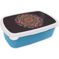 MuchoWow Broodtrommel Blauw - Lunchbox - Brooddoos - Mandala - Bloemen - Hippie - Boho - Oranje - 18x12x6 cm - Kinderen - Jongen